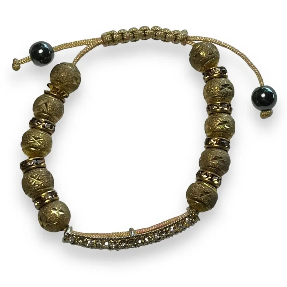 Womens Fashion Bracelet Beaded Rhinestone Jeweled Adjustable Gold Tone